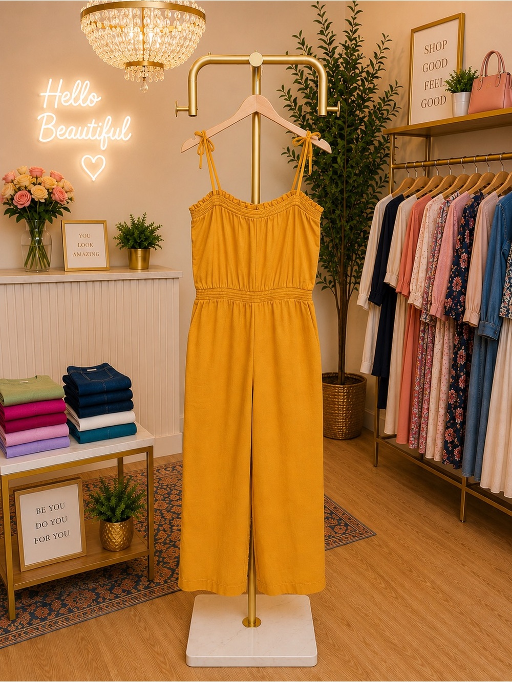 Kids Old Navy Mustard Tie-Shoulder Wide-Leg Jumpsuit